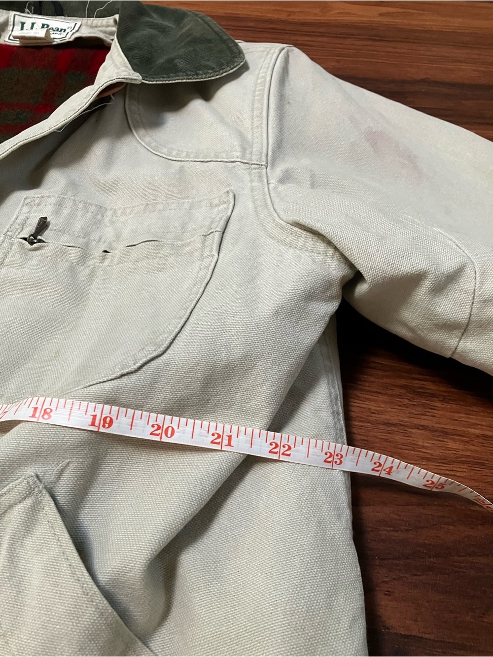 *SOLD* L.L. Bean Cream Canvas Jacket with Olive Collar and Red Plaid Lining - Picture 6 of 7